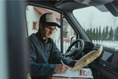 A postal worker with a concealed face is seated in a delivery vehicle, writing on a clipboard with documents and a package nearby, suggesting the management of postal short-term disability claims.