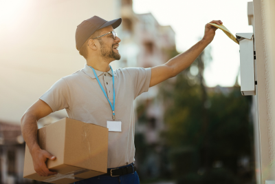 A postal worker delivering mail and holding a package, highlighting the importance of postal disability insurance.