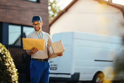 A postal worker in uniform holding envelopes with a delivery van in the background, representing postal short term disability.