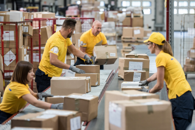 Workers in yellow shirts sorting packages at a USPS facility.