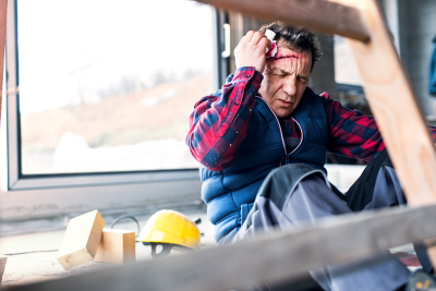 A construction worker sitting on the floor, holding their head in apparent distress, with a hard hat nearby, illustrating the concept of short term disability.