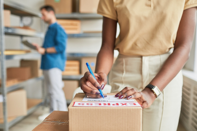 USPS worker labeling a package, asking about short-term disability.